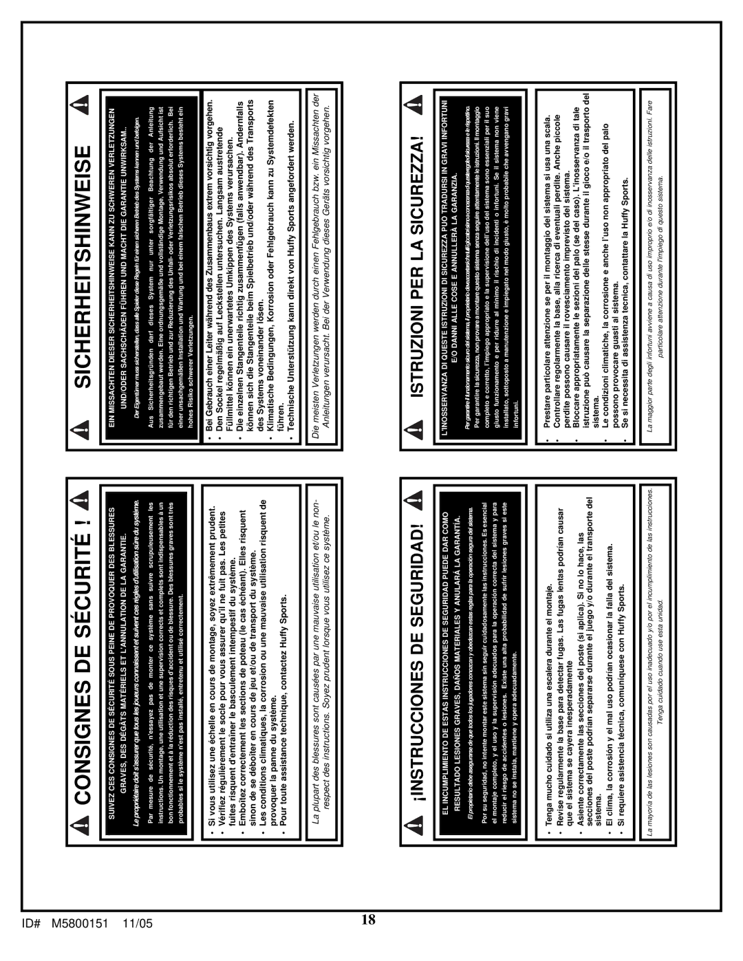 Huffy M5800151 manual Consignes DE Sécurité 