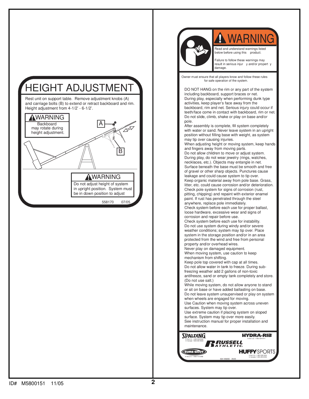 Huffy M5800151 manual Height Adjustment 