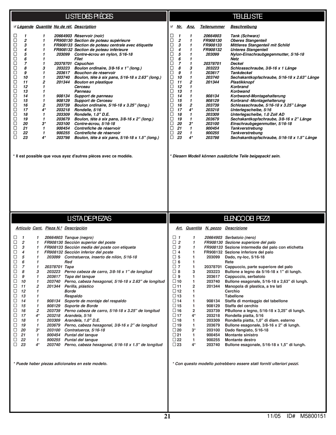 Huffy M5800151 manual Liste DES Pièces Teileliste 