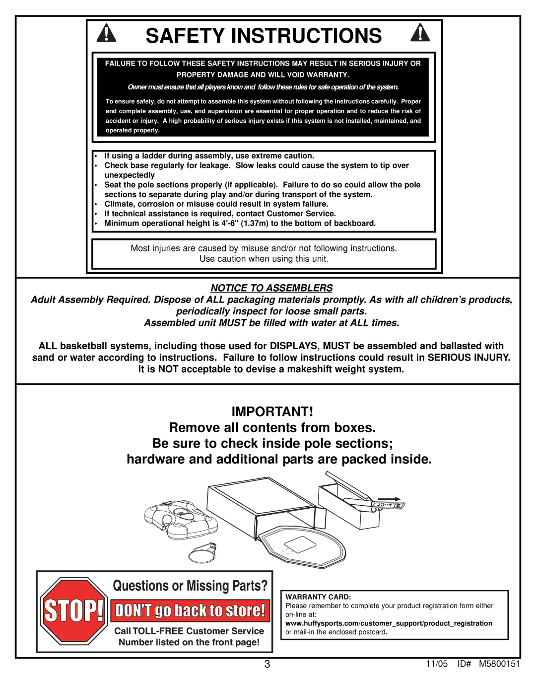 Huffy M5800151 manual Safety Instructions 