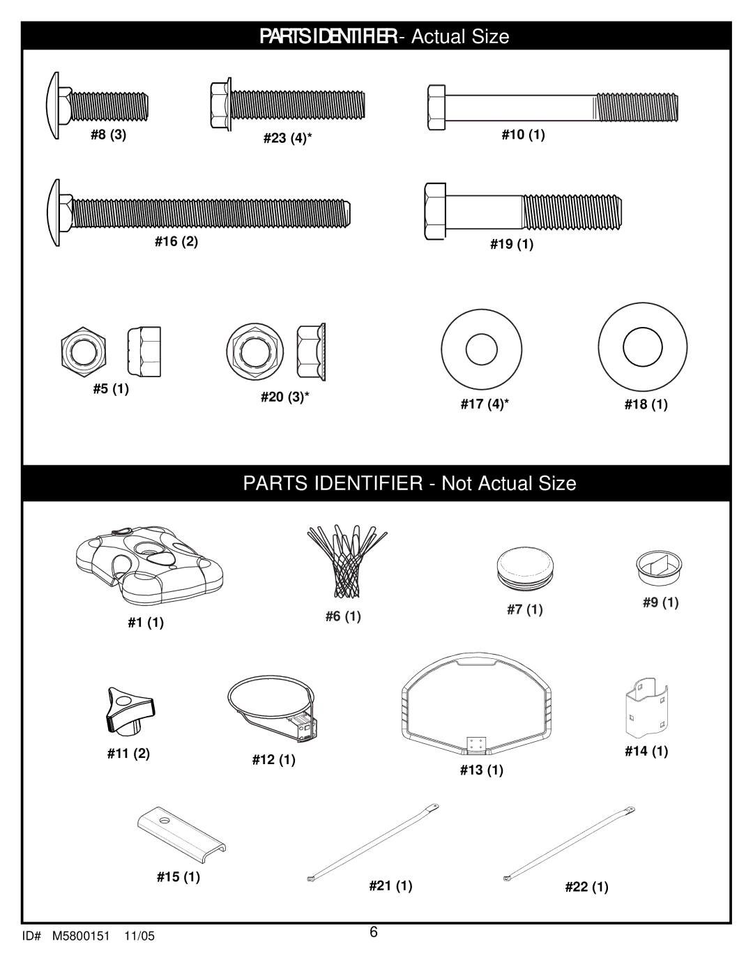 Huffy M5800151 manual Parts Identifier Actual Size 