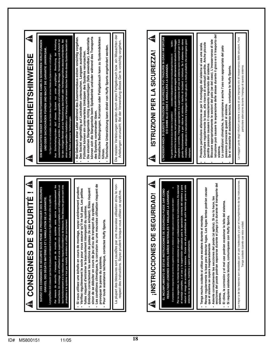 Huffy M5800152 manual Consignes DE Sécurité 