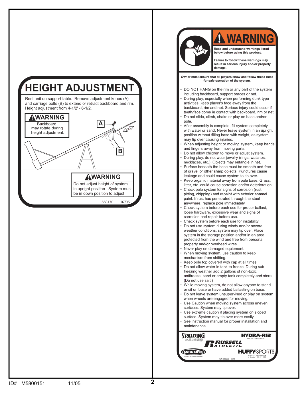 Huffy M5800152 manual Height Adjustment 