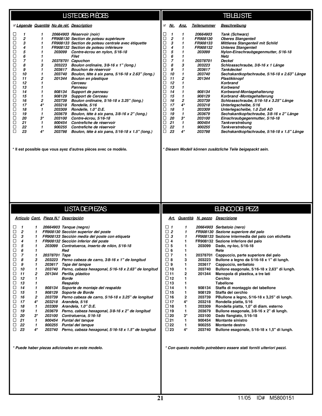 Huffy M5800152 manual Liste DES Pièces Teileliste 