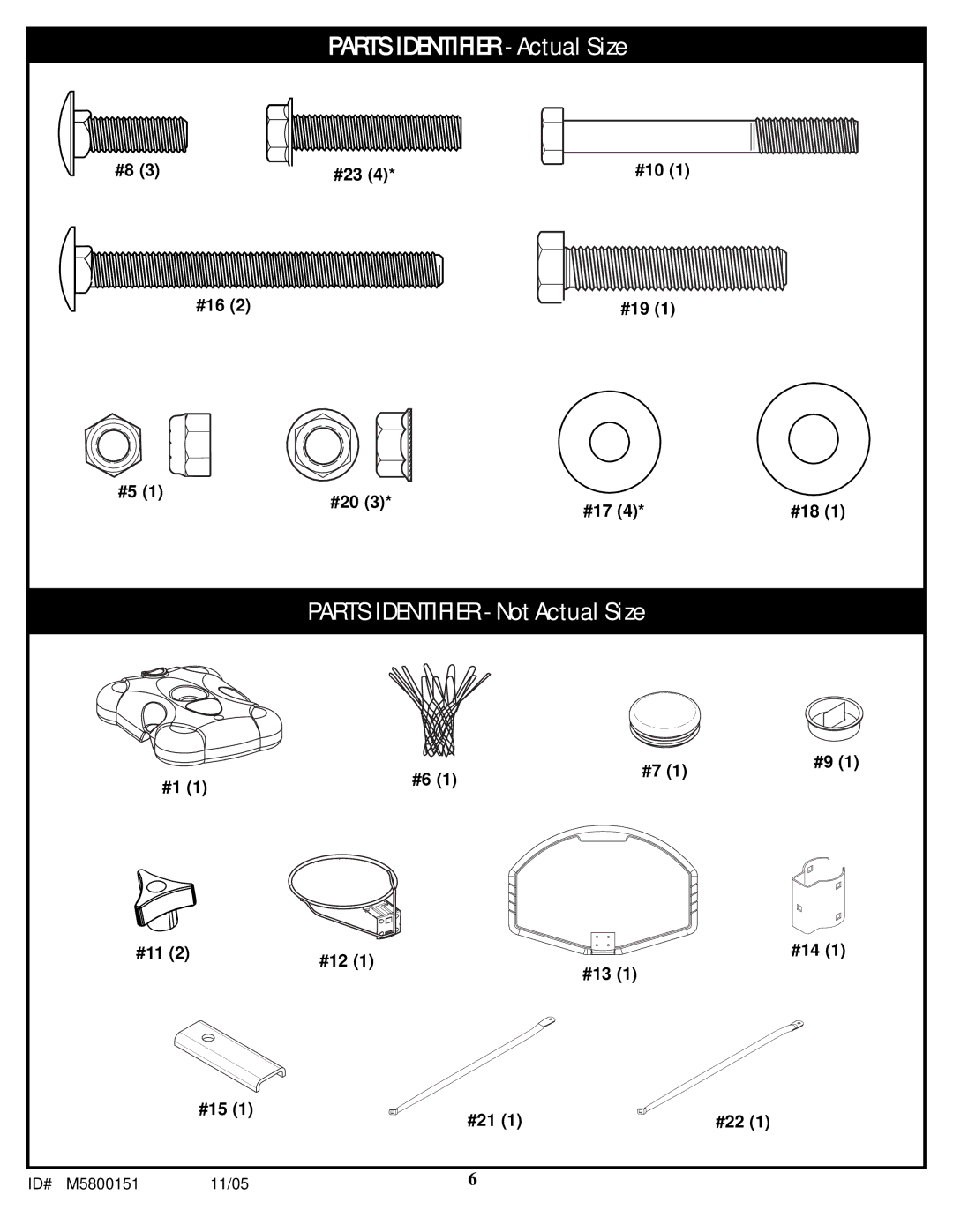 Huffy M5800152 manual Parts Identifier Actual Size 