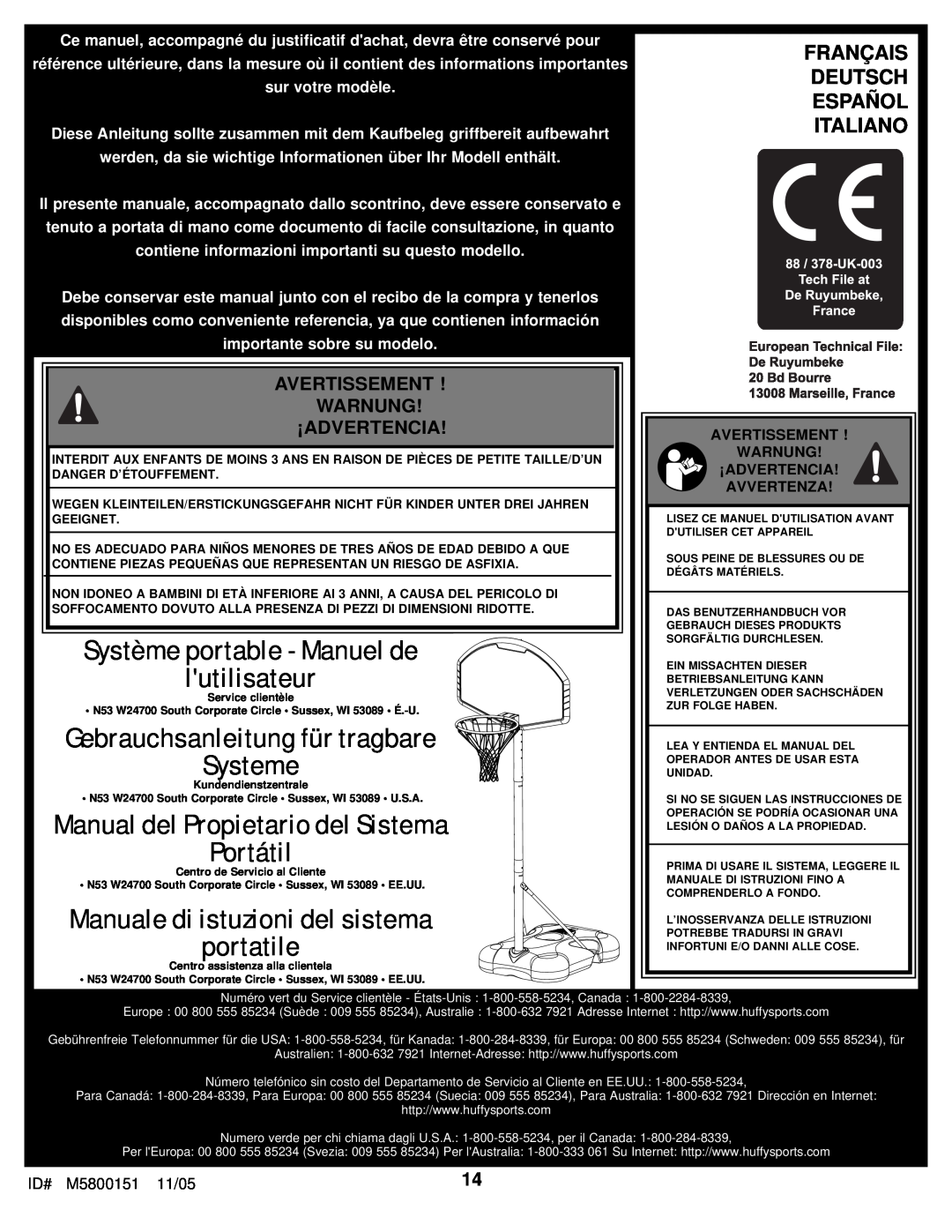 Huffy M5800152 manual Français Deutsch Español Italiano, Système portable - Manuel de lutilisateur 