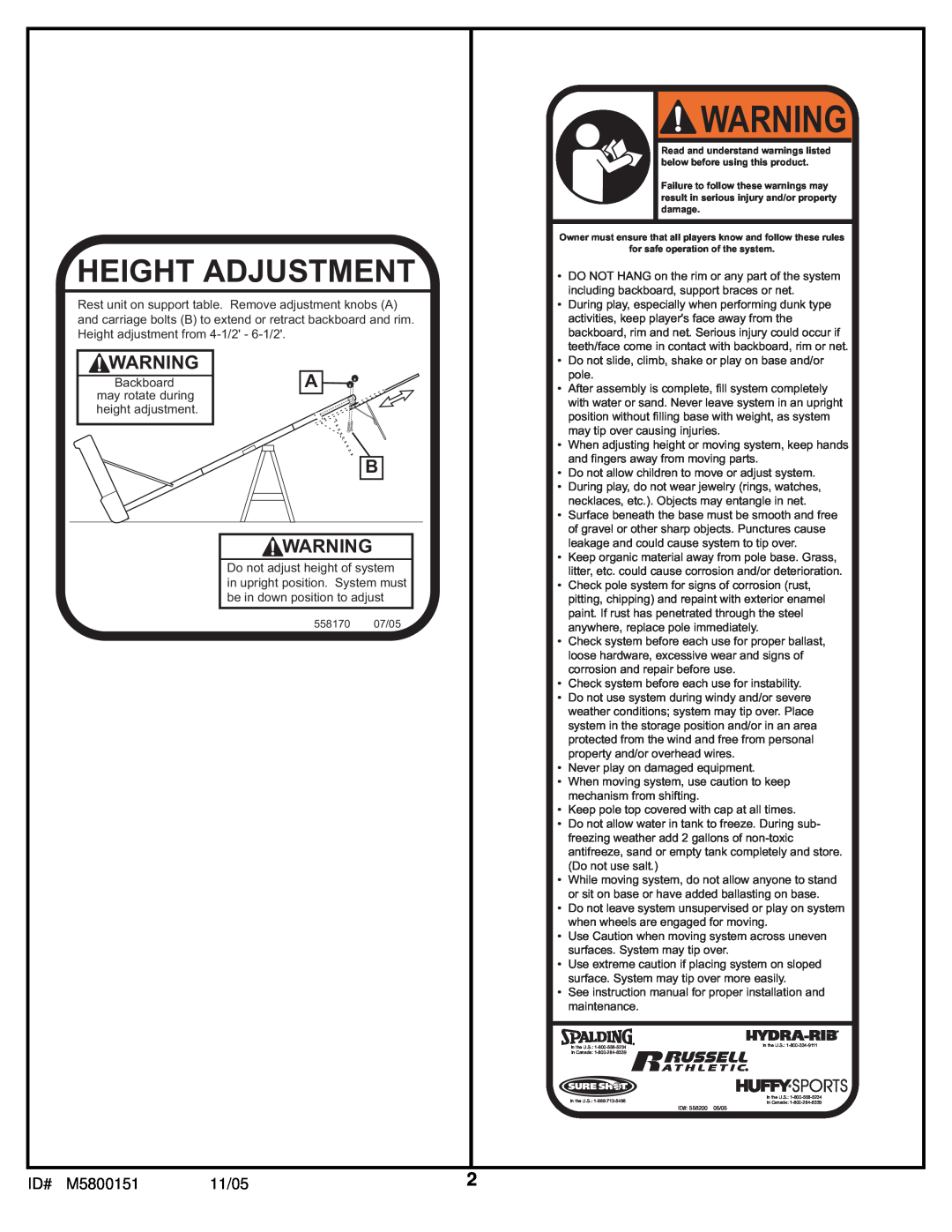 Huffy M5800152 manual Height Adjustment, ID# M5800151, 11/05 