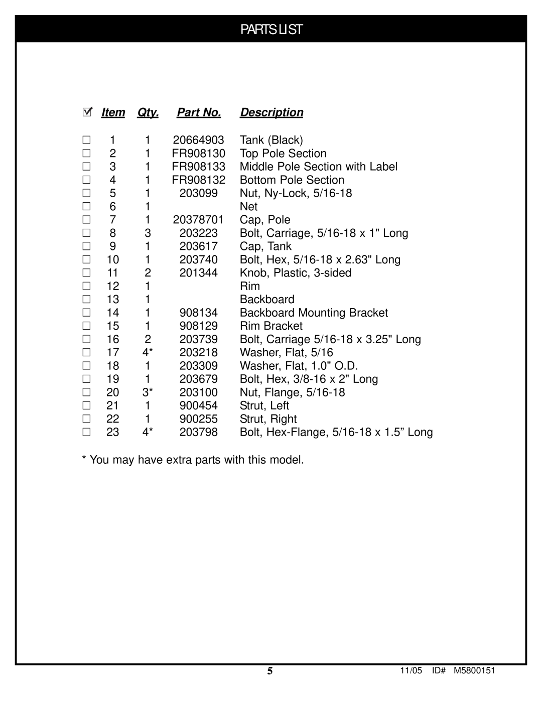 Huffy M5800152 manual Parts List, Description 