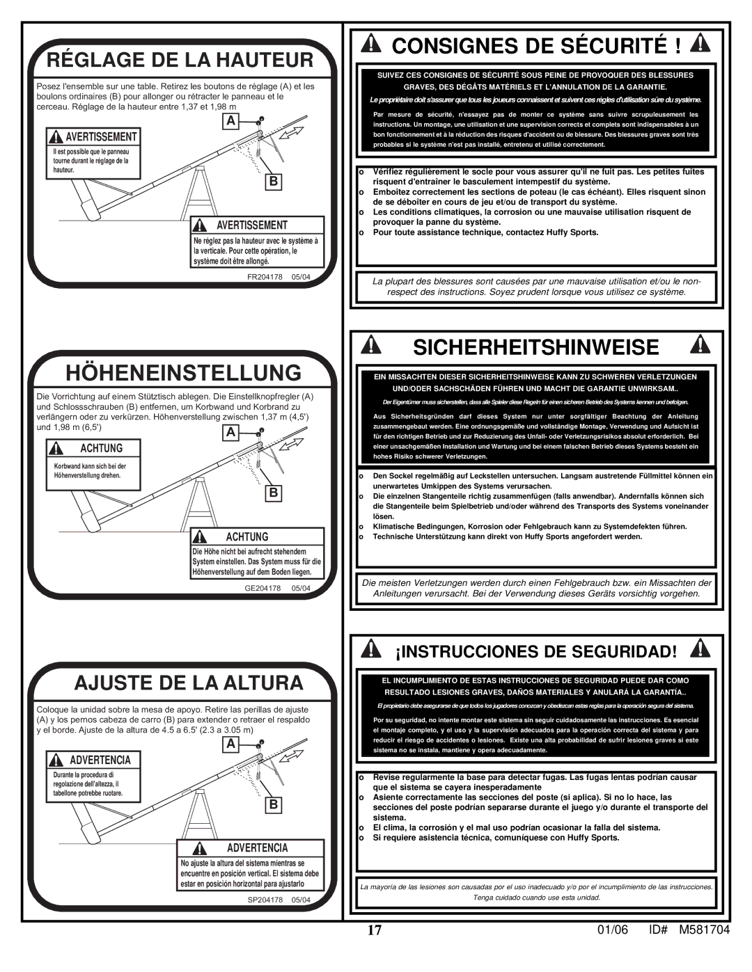 Huffy M581704 manual Höheneinstellung 