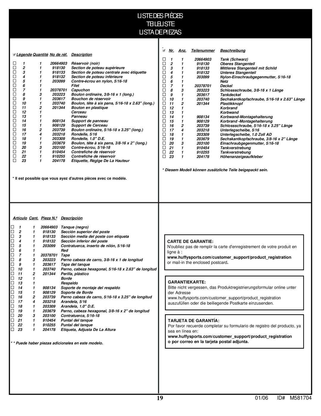 Huffy M581704 manual Liste DES Pièces Teileliste Lista DE Piezas 