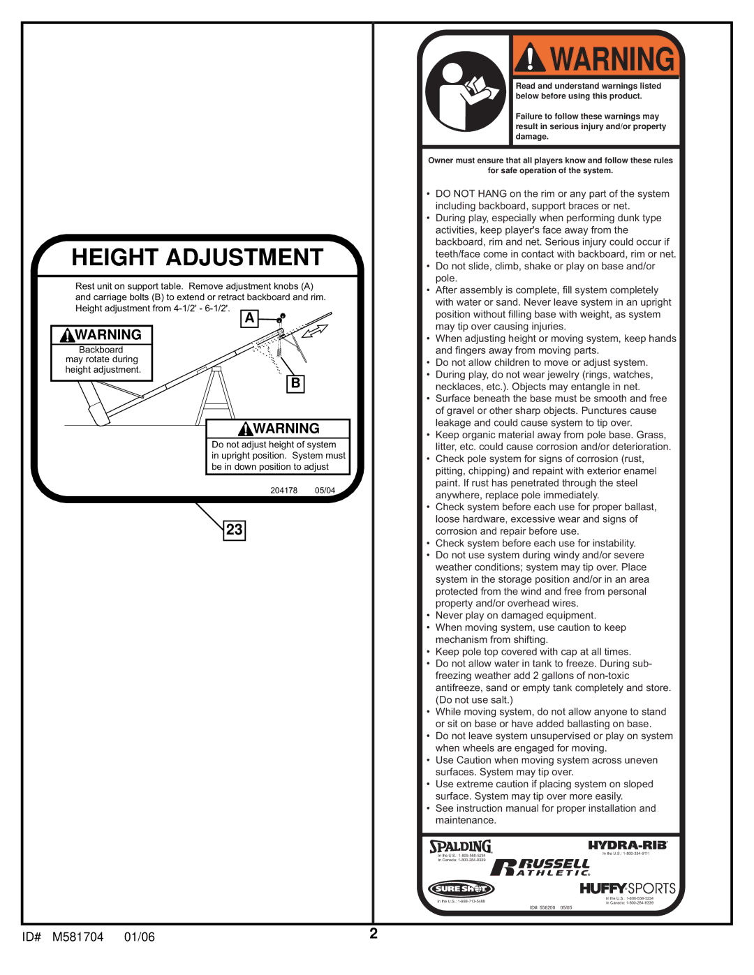 Huffy M581704 manual Height Adjustment 