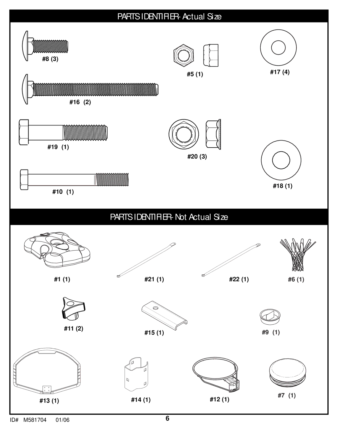 Huffy M581704 manual Parts IDENTIFIER- Actual Size 