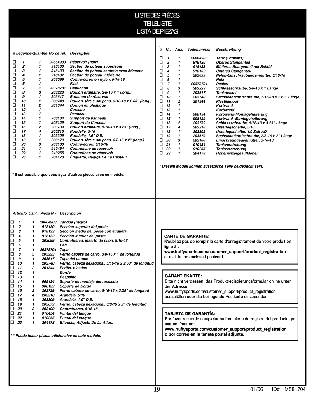 Huffy M581704 manual Liste Des Pièces Teileliste Lista De Piezas 