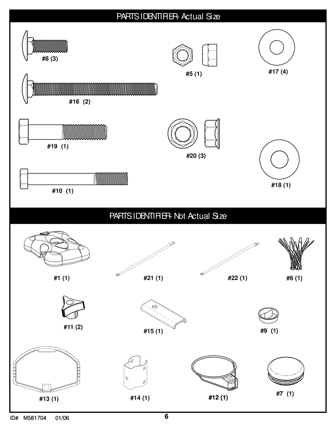 Huffy M581704 manual PARTS IDENTIFIER- Actual Size, PARTS IDENTIFIER- Not Actual Size 