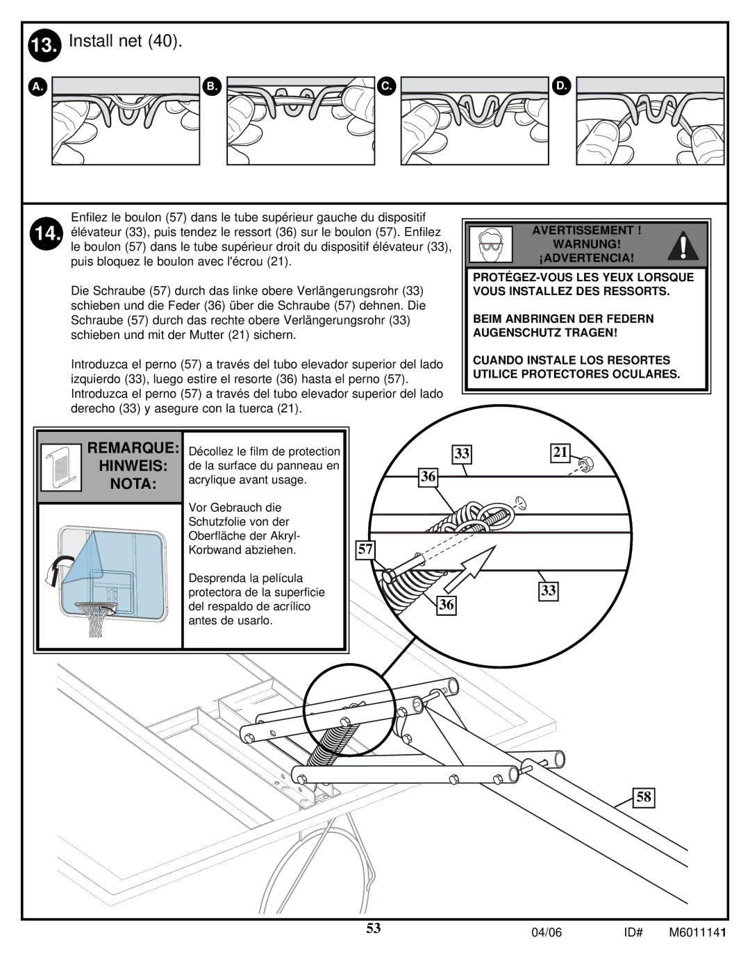 Huffy M6011141 manual Remarque Hinweis Nota 