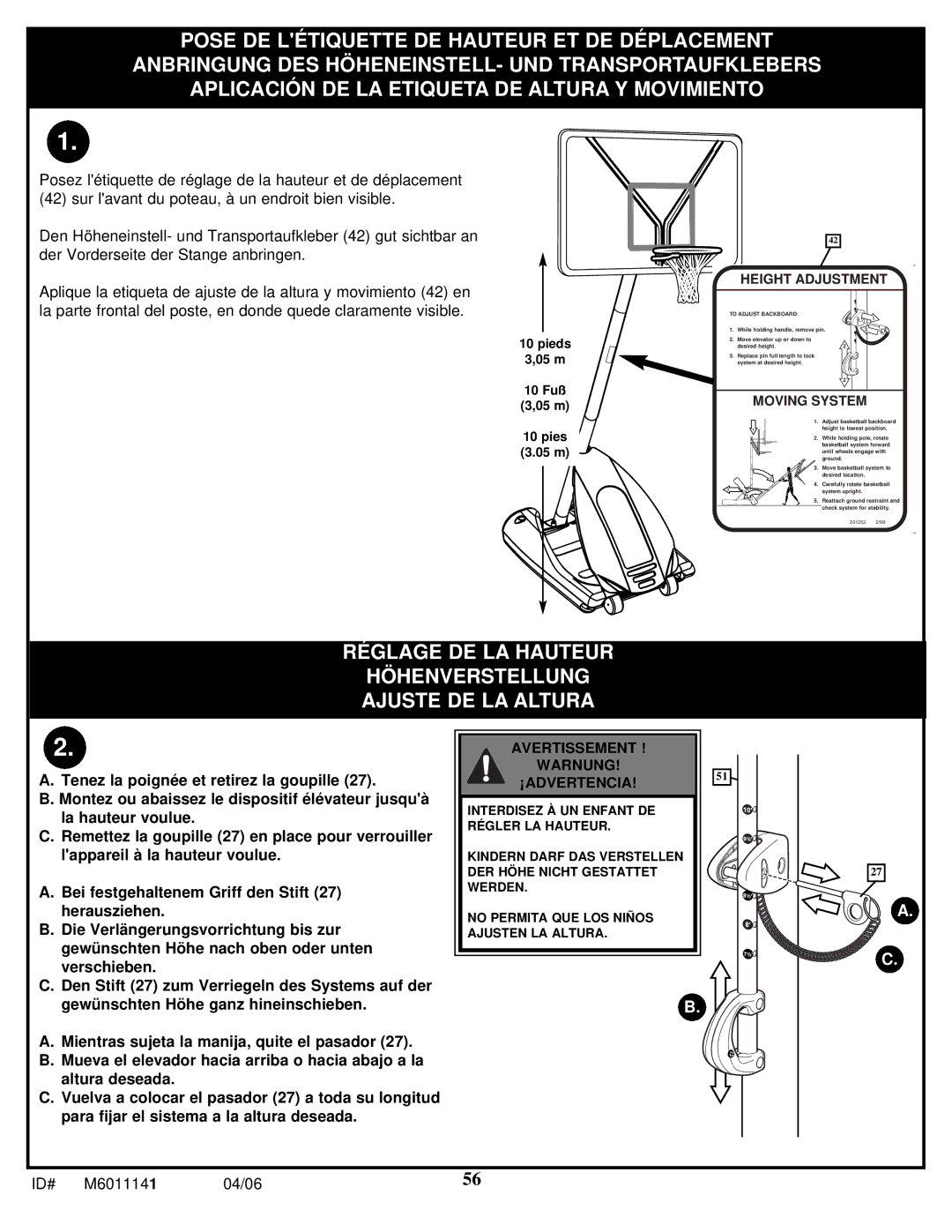 Huffy M6011141 manual Réglage DE LA Hauteur Höhenverstellung Ajuste DE LA Altura 