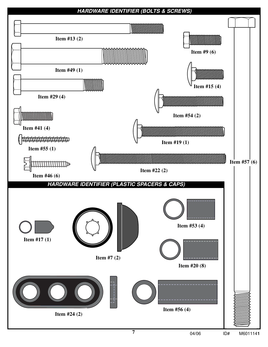 Huffy M6011141 manual Hardware Identifier Plastic Spacers & Caps 