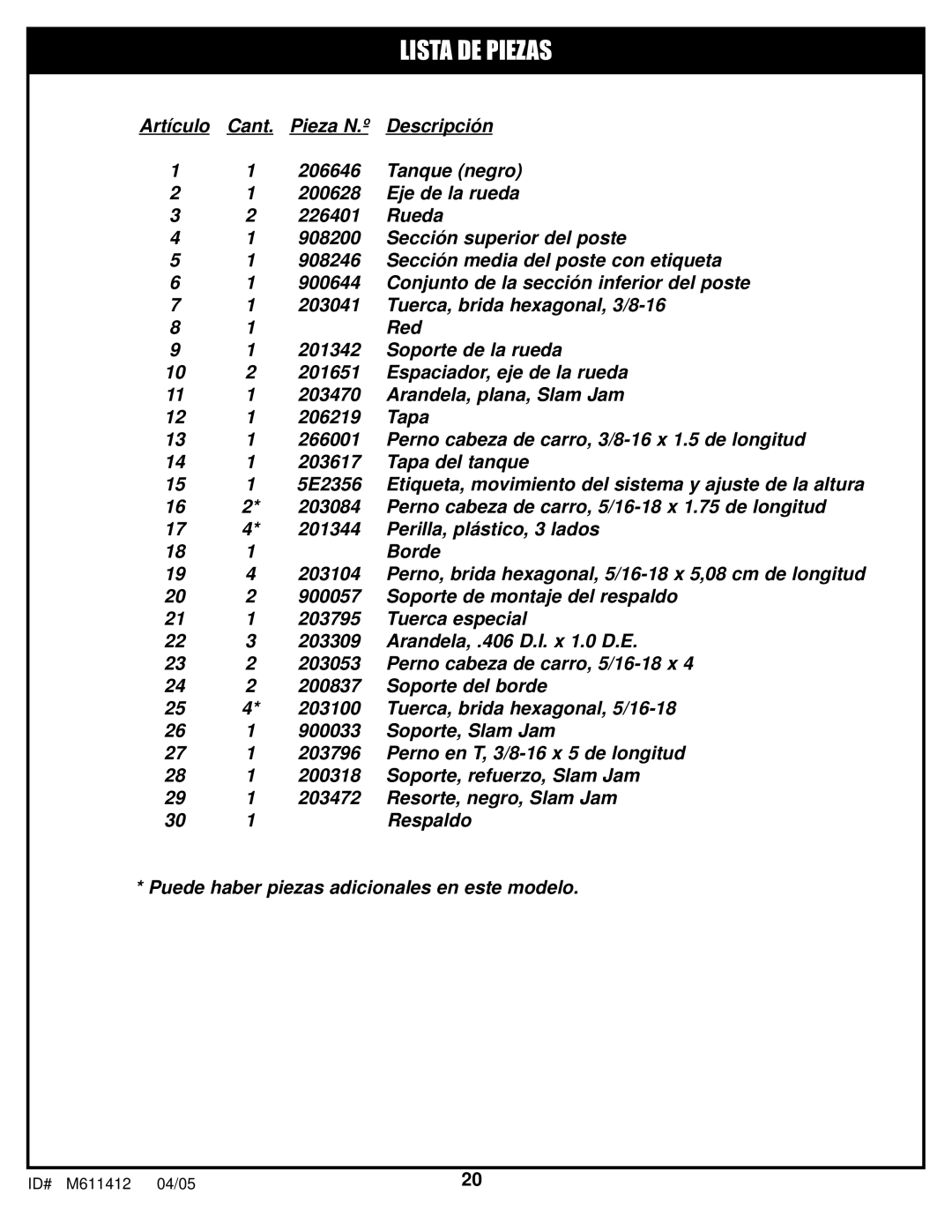 Huffy M611412 manual Lista DE Piezas 