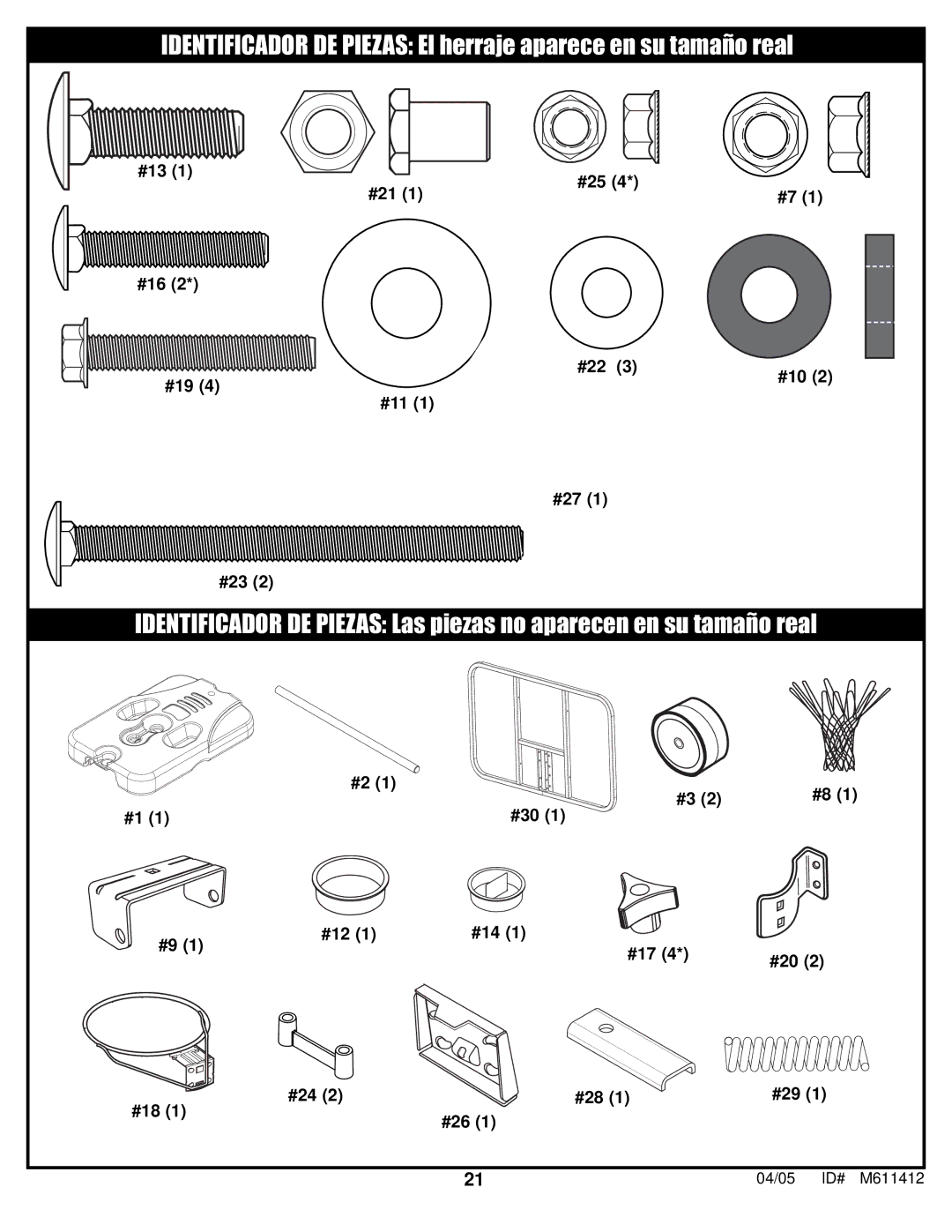 Huffy M611412 manual Identificador DE Piezas El herraje aparece en su tamaño real 