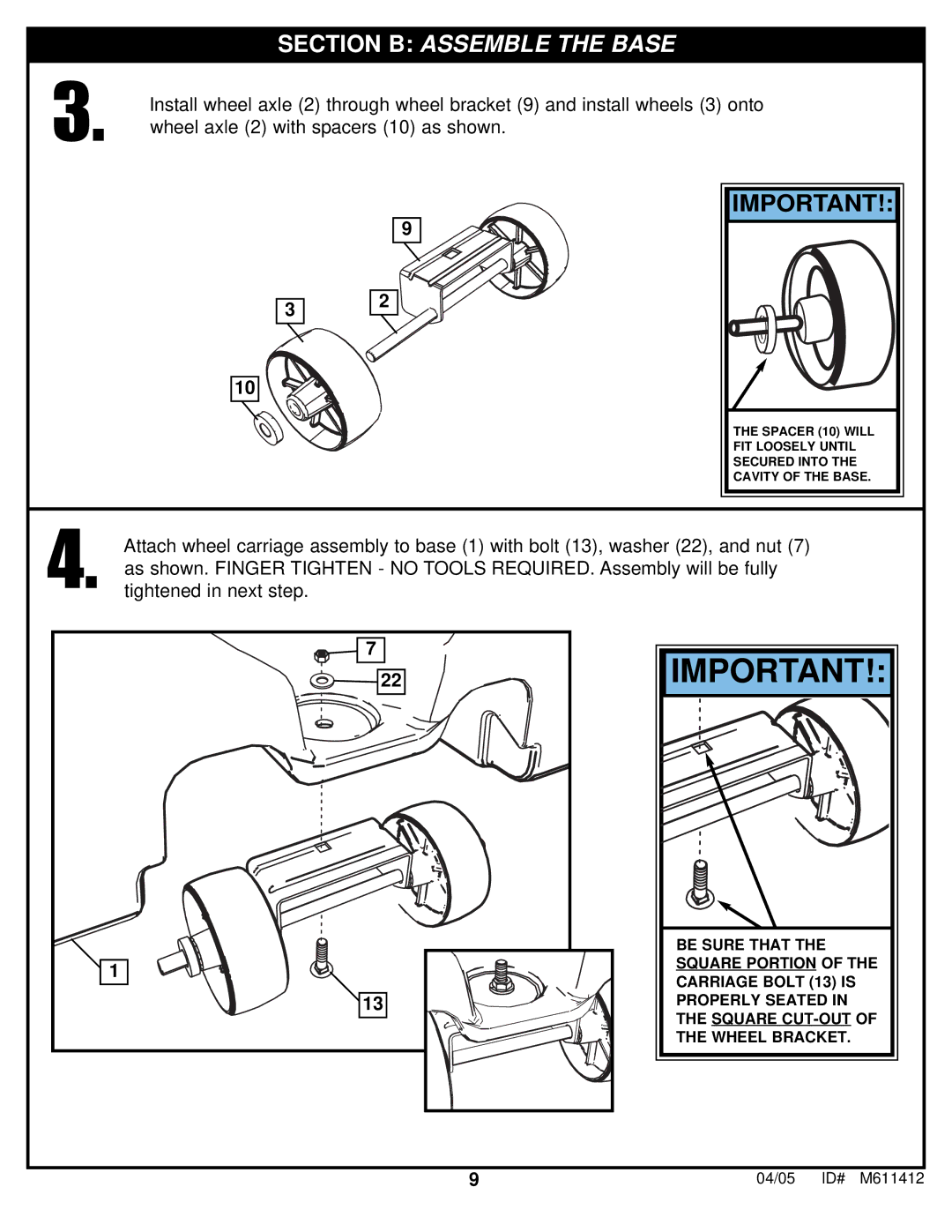 Huffy M611412 manual Section B Assemble the Base 