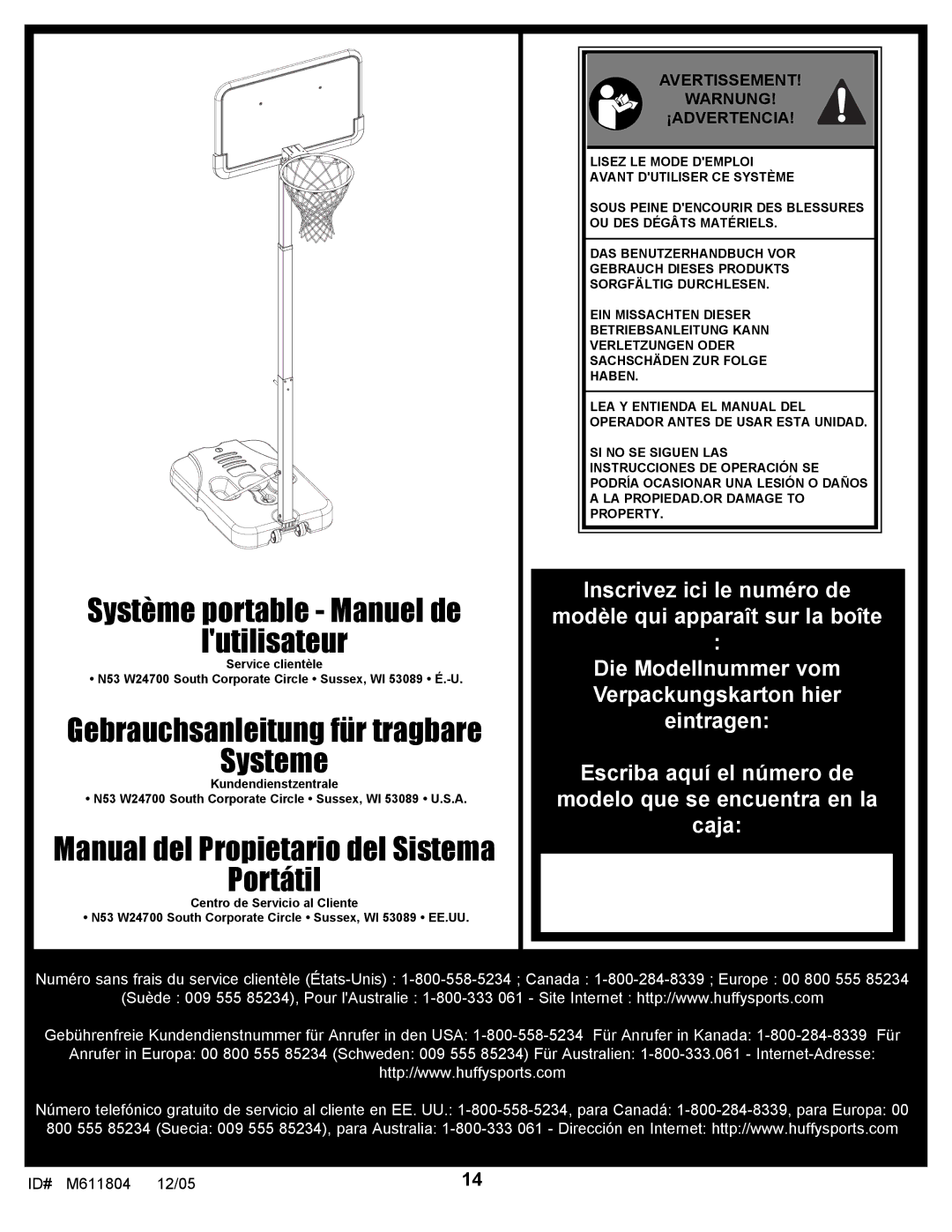 Huffy M611804 manual Système portable Manuel de Lutilisateur 