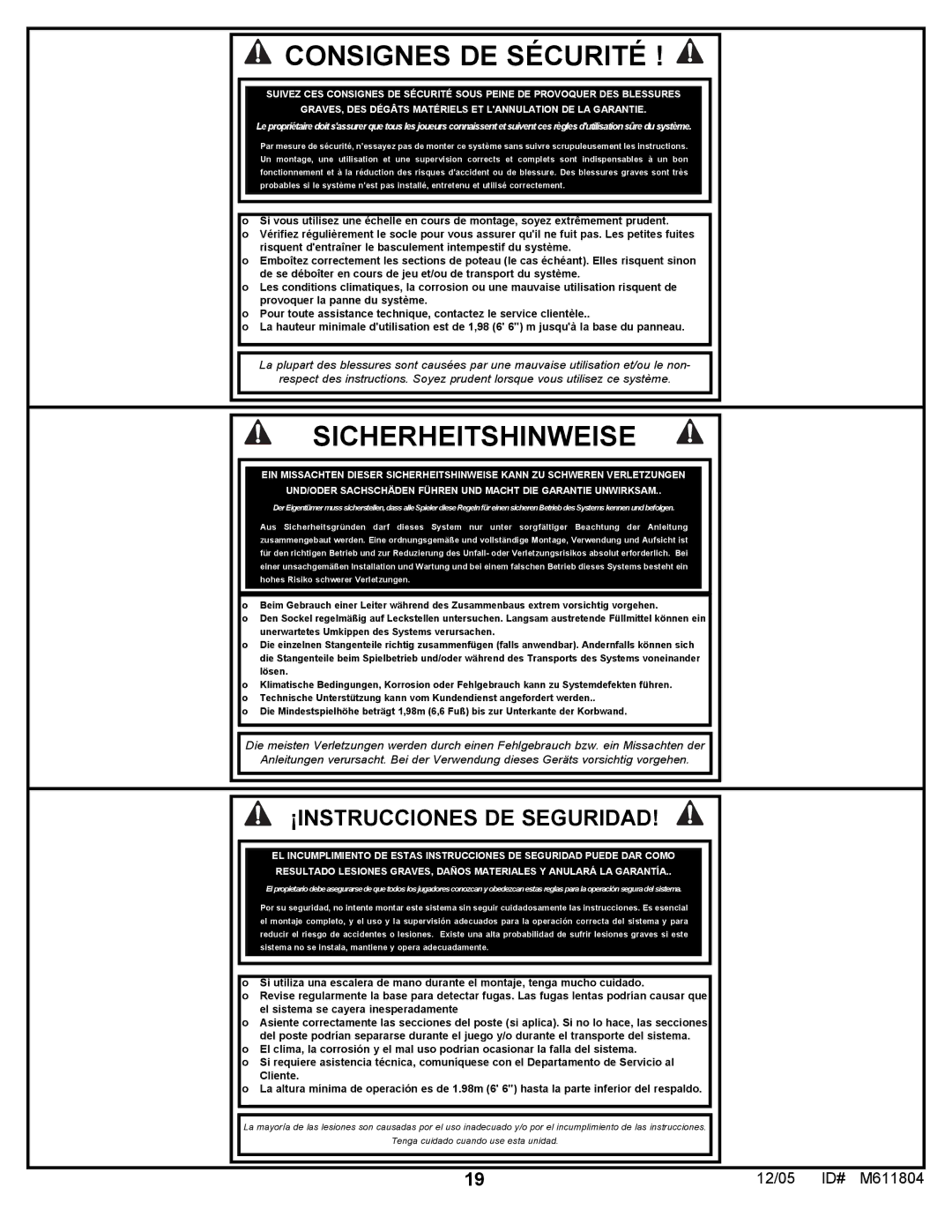 Huffy M611804 manual Consignes DE Sécurité 