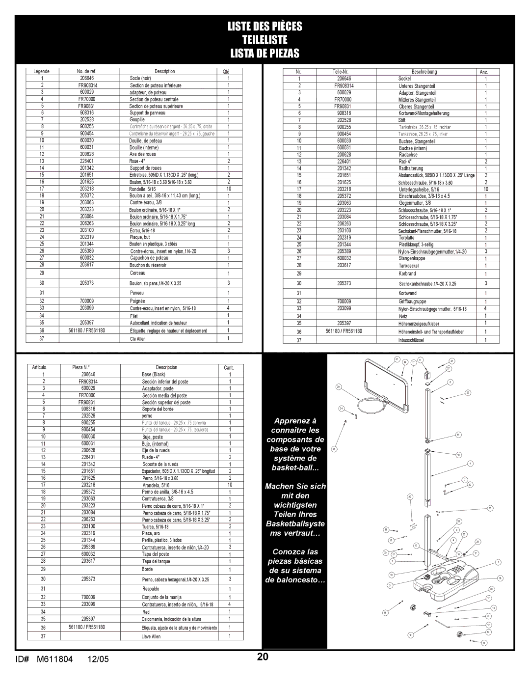 Huffy M611804 manual Liste DES Pièces Teileliste Lista DE Piezas 