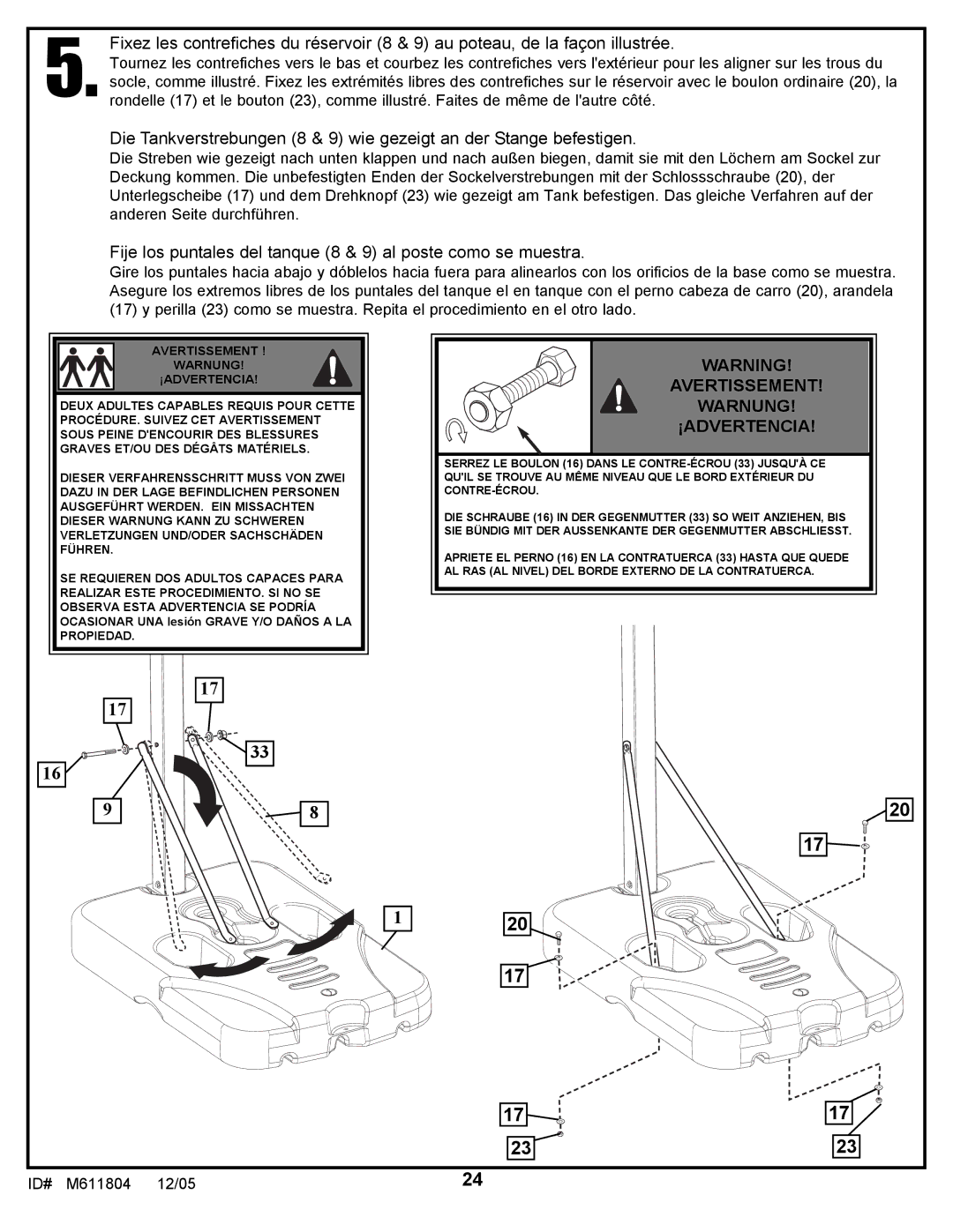 Huffy M611804 manual Fije los puntales del tanque 8 & 9 al poste como se muestra 