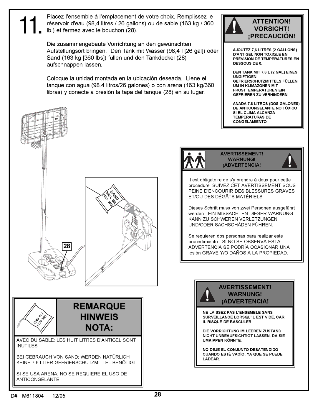 Huffy M611804 manual Remarque Hinweis 