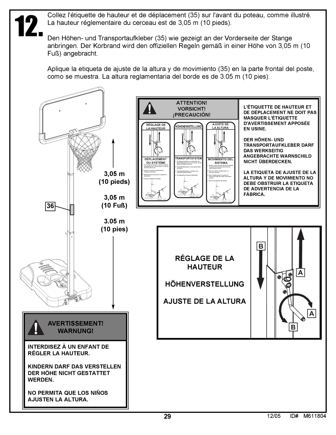 Huffy M611804 manual Réglage DE LA Hauteur Höhenverstellung Ajuste DE LA Altura 