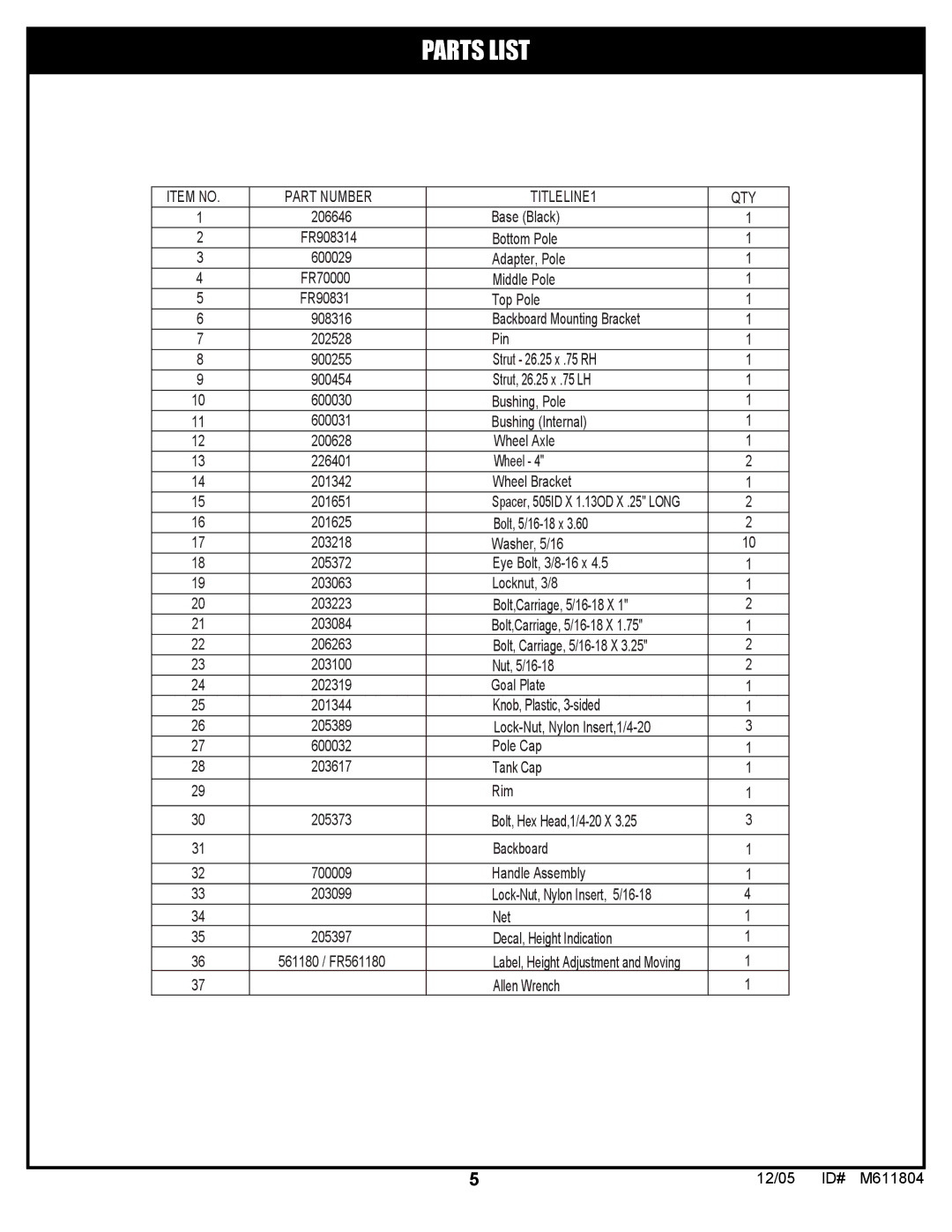 Huffy M611804 manual Parts List 