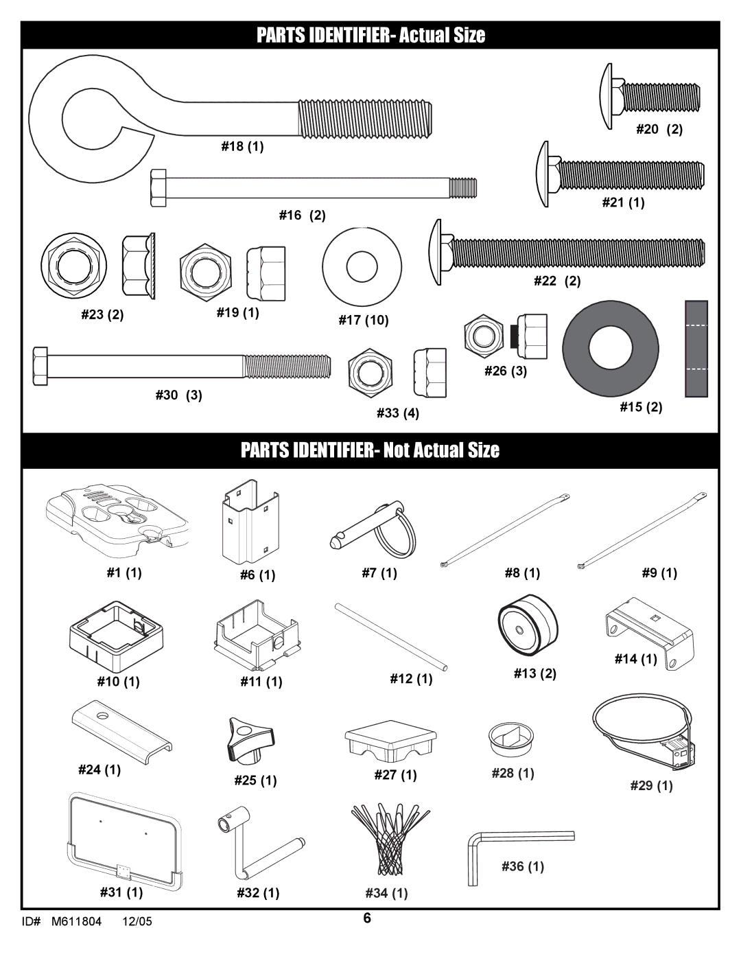 Huffy M611804 manual Parts IDENTIFIER- Actual Size 