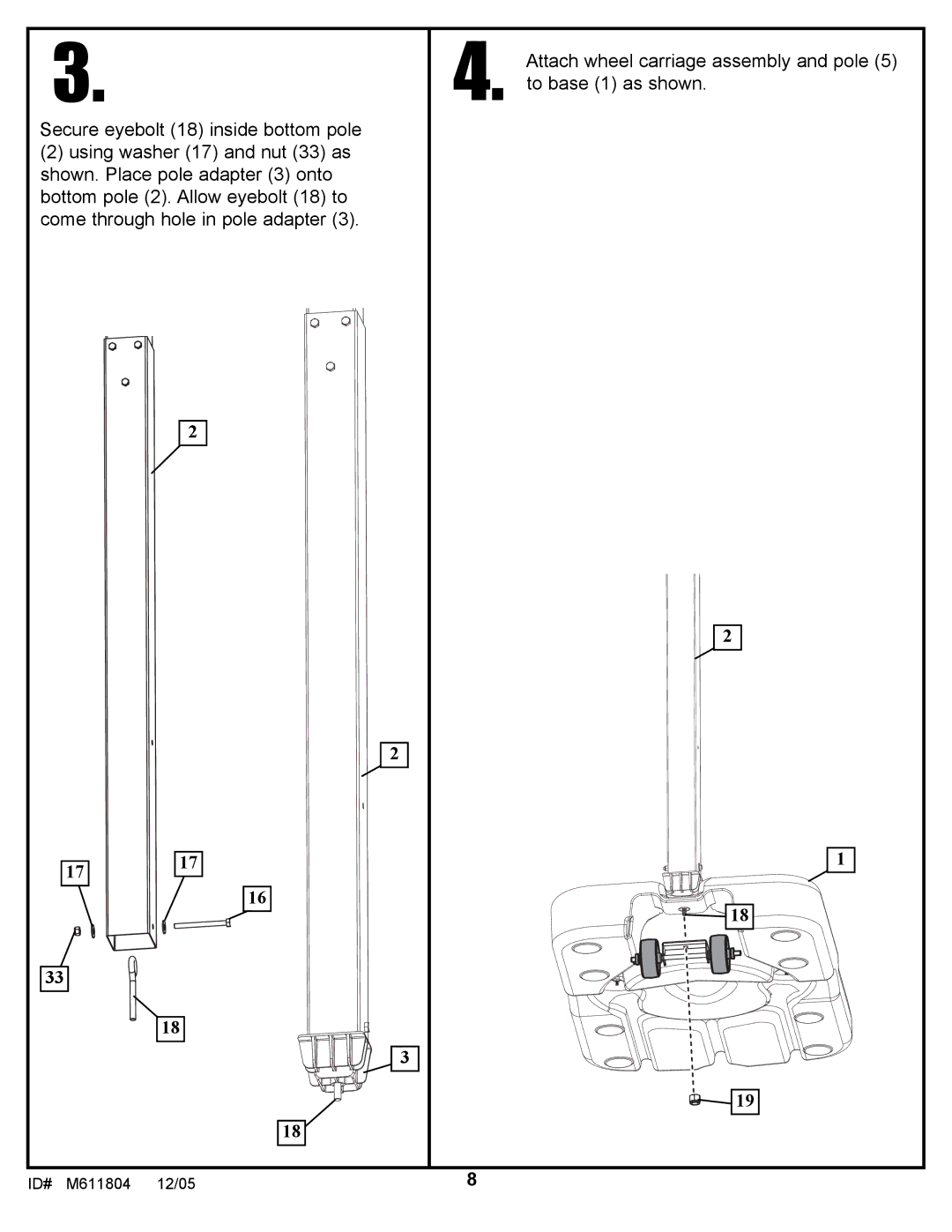 Huffy M611804 manual Attach wheel carriage assembly and pole 