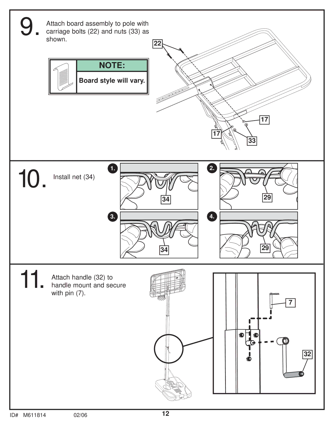 Huffy M611814 manual Board style will vary Install net 