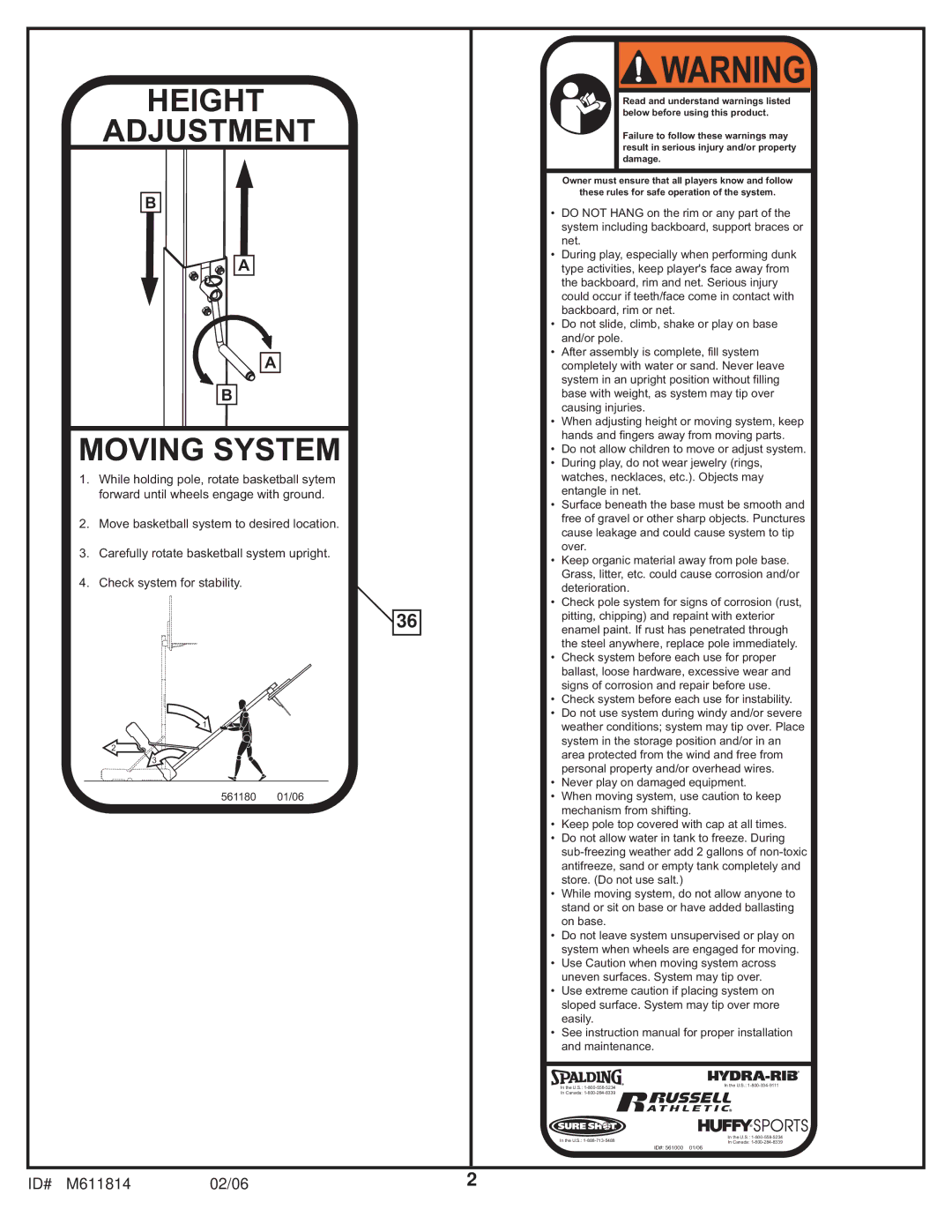 Huffy M611814 manual Height Adjustment Moving System 