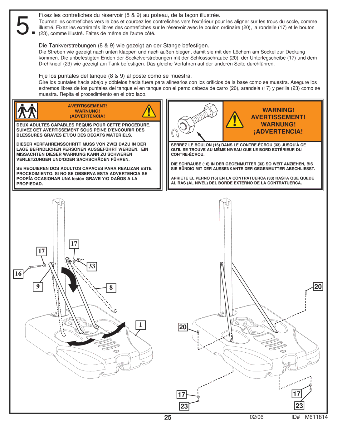 Huffy M611814 manual Avertissement Warnung ¡ADVERTENCIA 