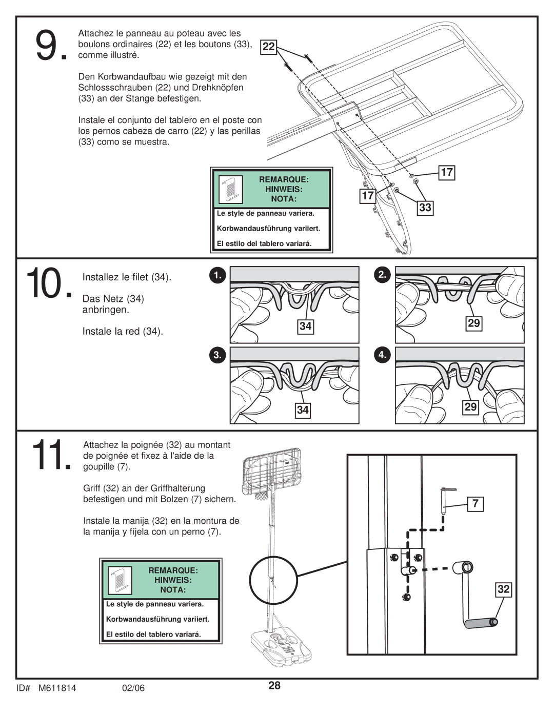 Huffy M611814 manual Installez le filet Das Netz Anbringen Instale la red 