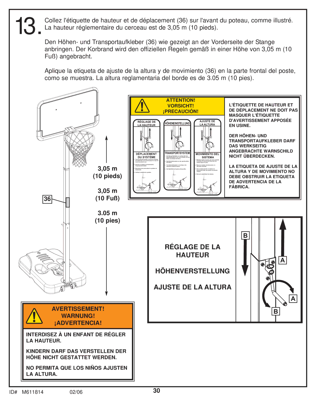 Huffy M611814 manual Réglage DE LA Hauteur Höhenverstellung Ajuste DE LA Altura 