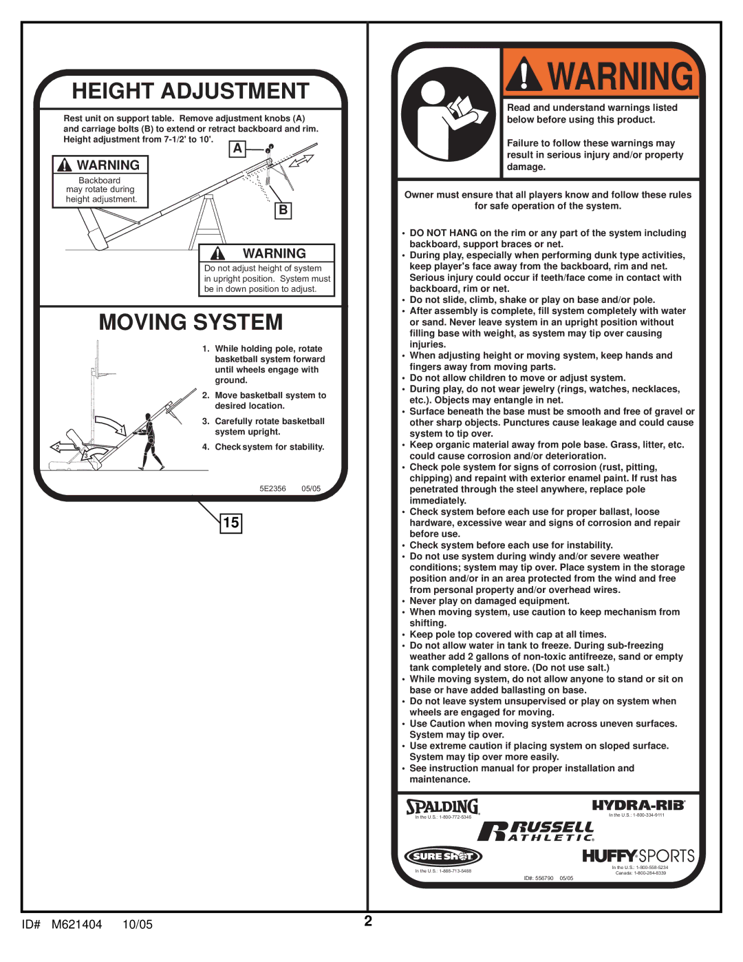 Huffy M621404 manual Height Adjustment 