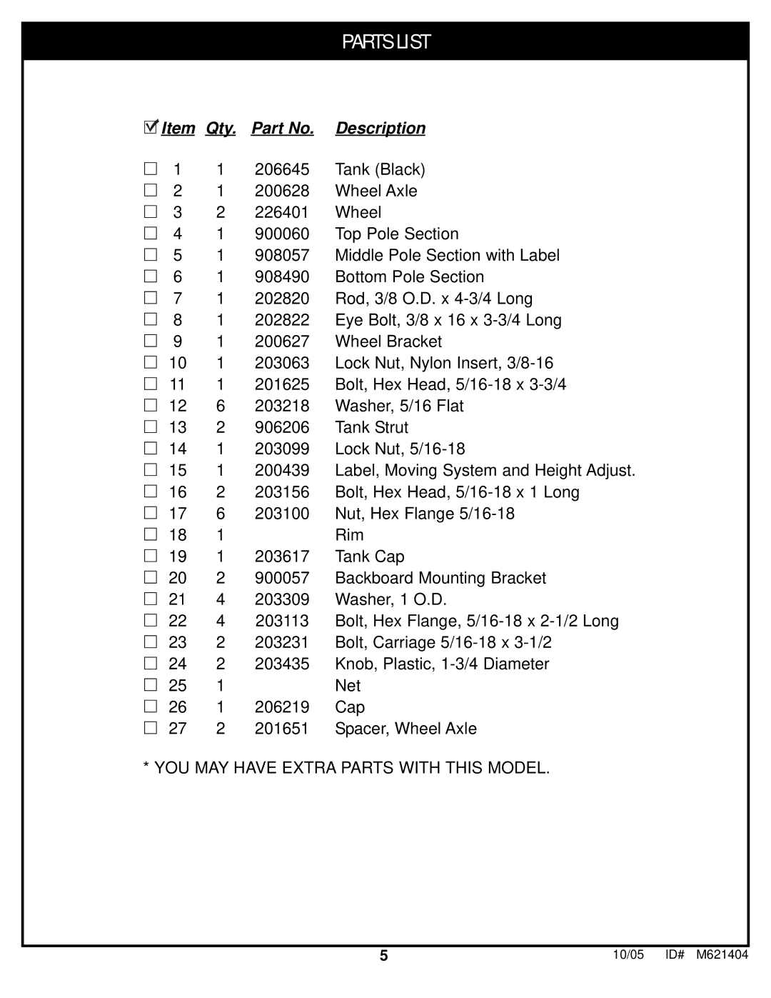 Huffy M621404 manual Parts List 