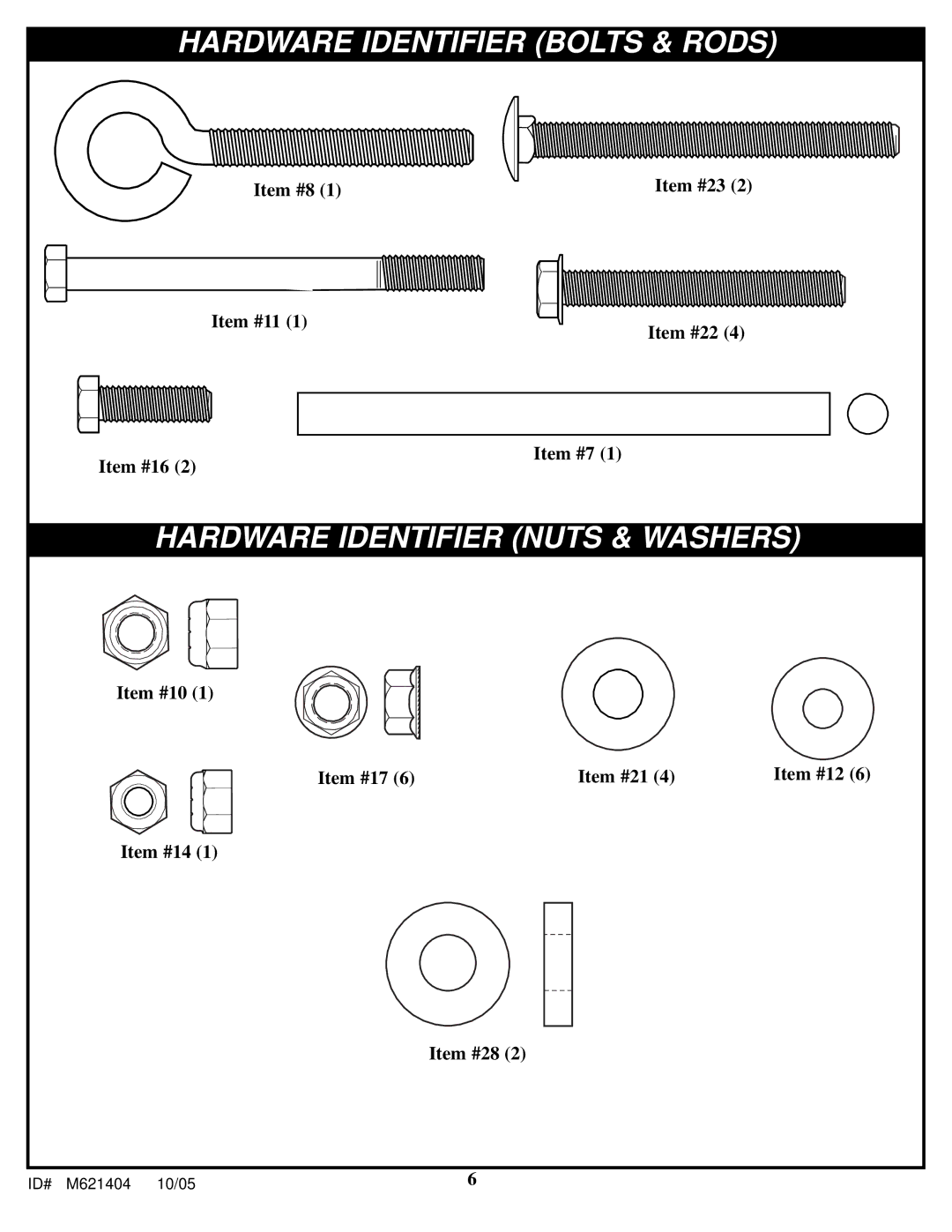 Huffy M621404 manual Hardware Identifier Bolts & Rods 