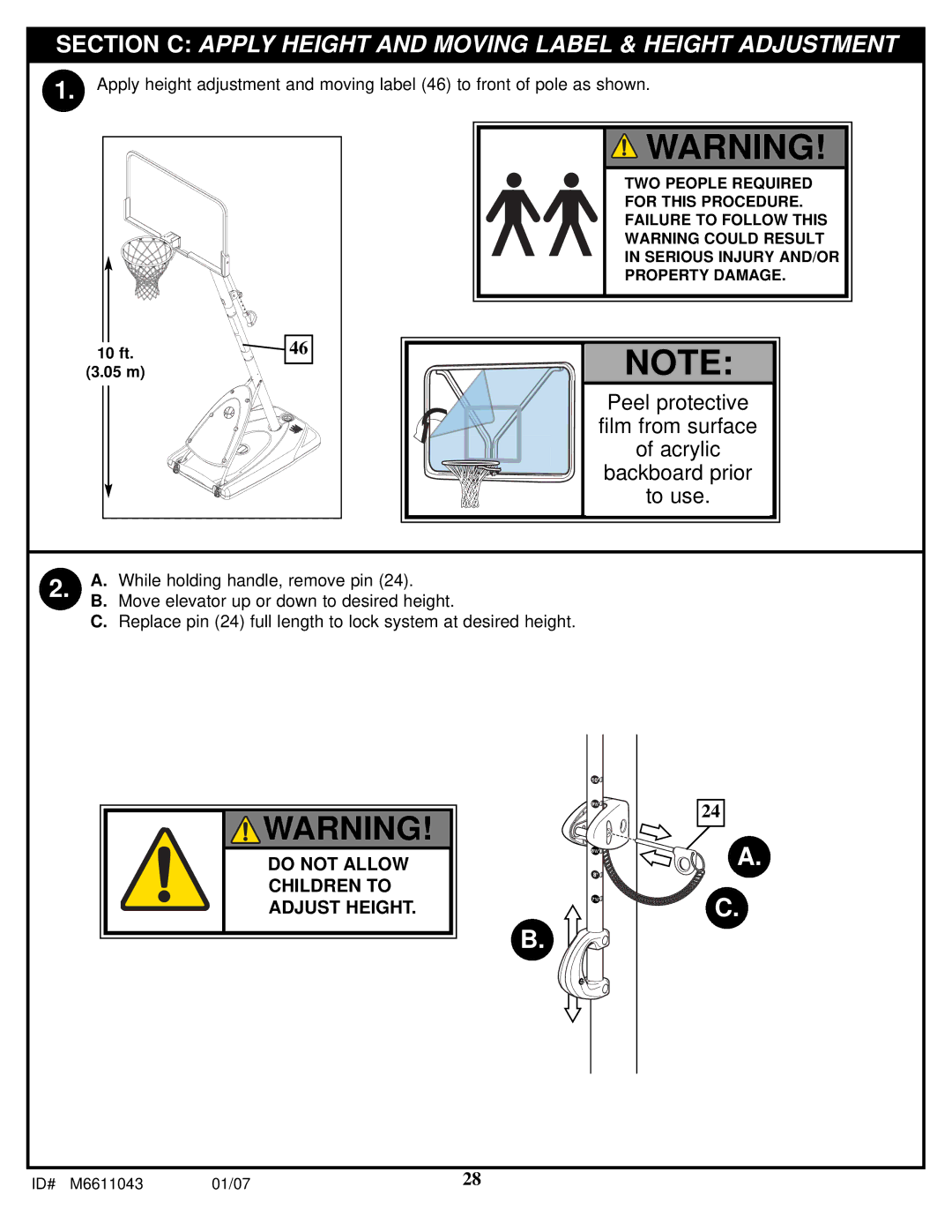 Huffy M6611043 manual Section C Apply Height and Moving Label & Height Adjustment 