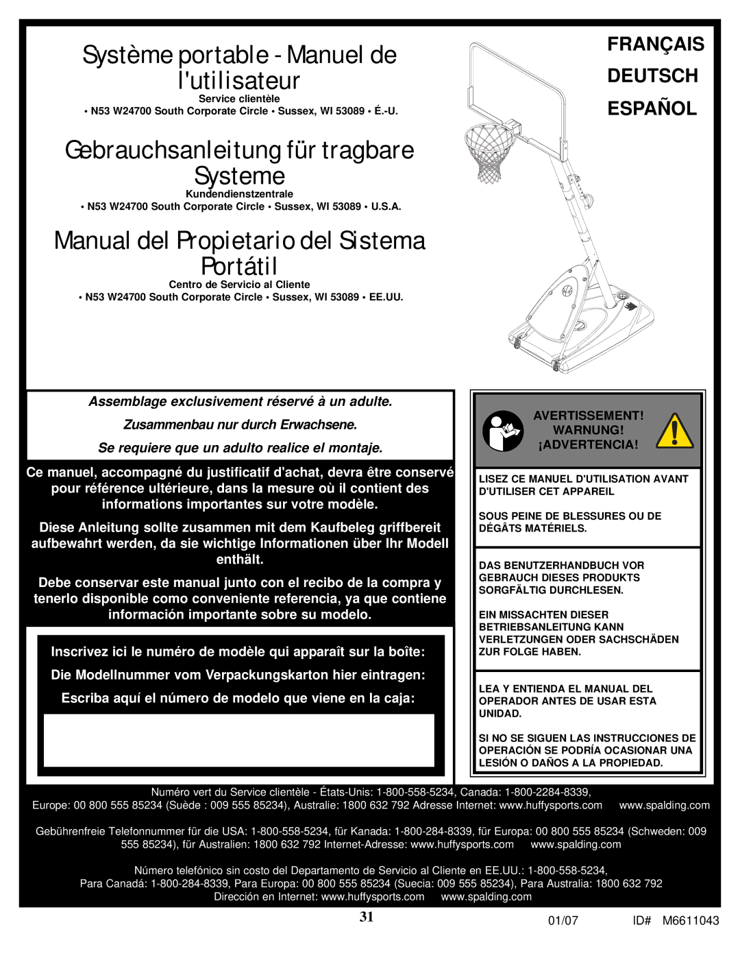 Huffy M6611043 manual Système portable Manuel de Lutilisateur 