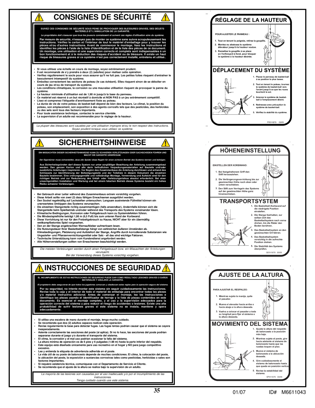 Huffy M6611043 manual Consignes DE Sécurité 