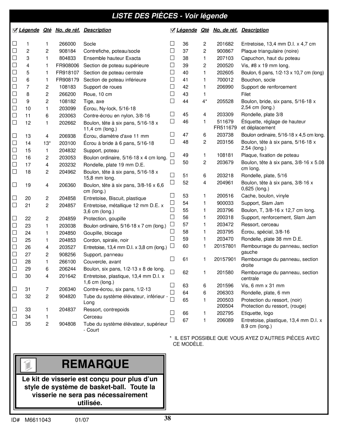 Huffy M6611043 manual Remarque 