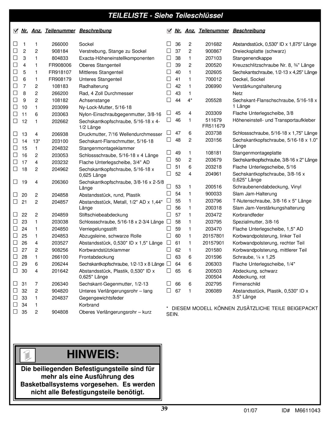 Huffy M6611043 manual Hinweis 