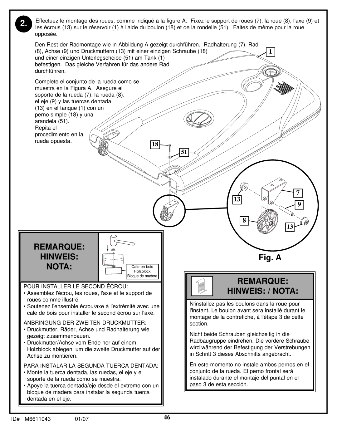 Huffy M6611043 manual Remarque Hinweis 