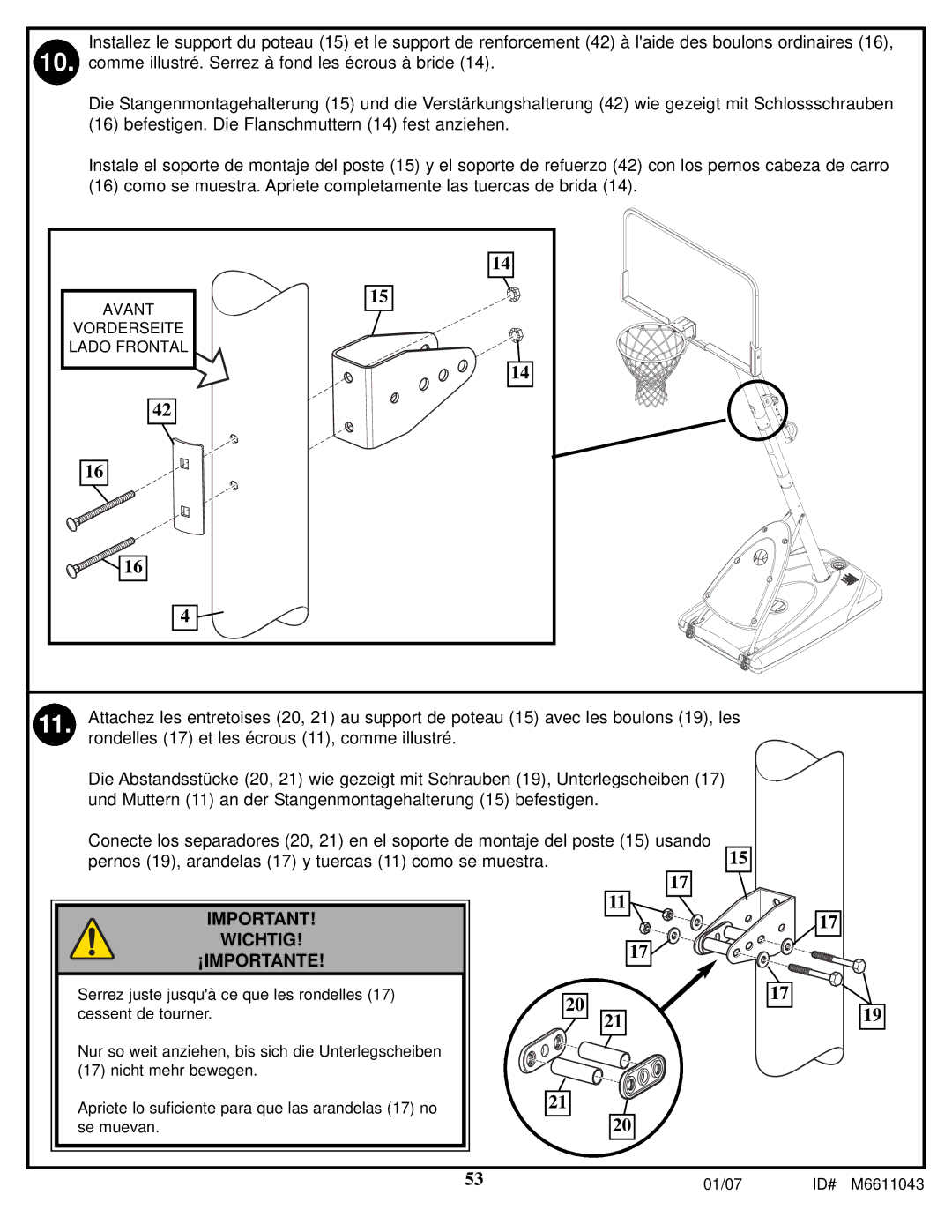 Huffy M6611043 manual Pernos 19, arandelas 17 y tuercas 11 como se muestra 