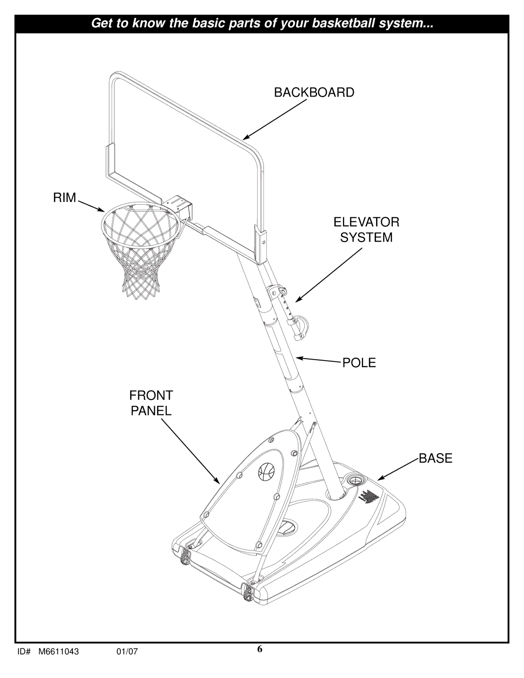 Huffy M6611043 manual Get to know the basic parts of your basketball system 