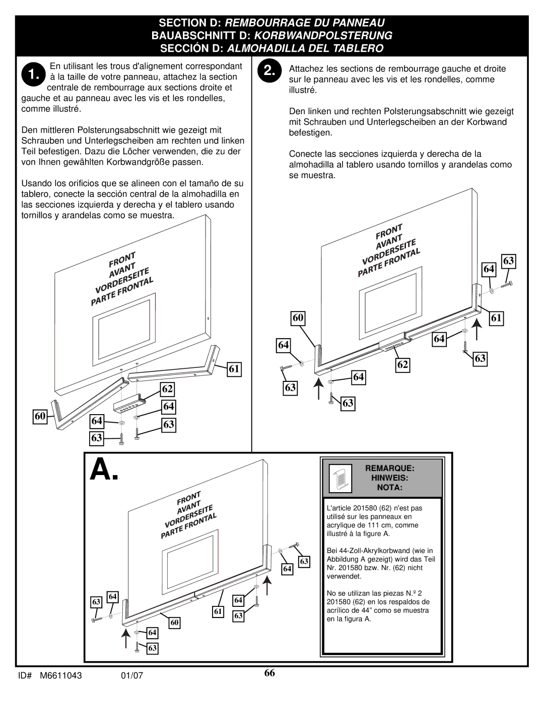 Huffy M6611043 manual Remarque Hinweis Nota 